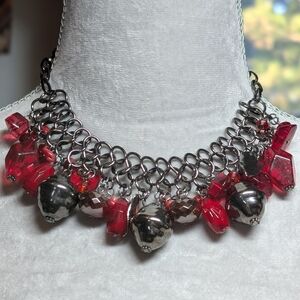 Chunky Red and Silver Statement Necklace